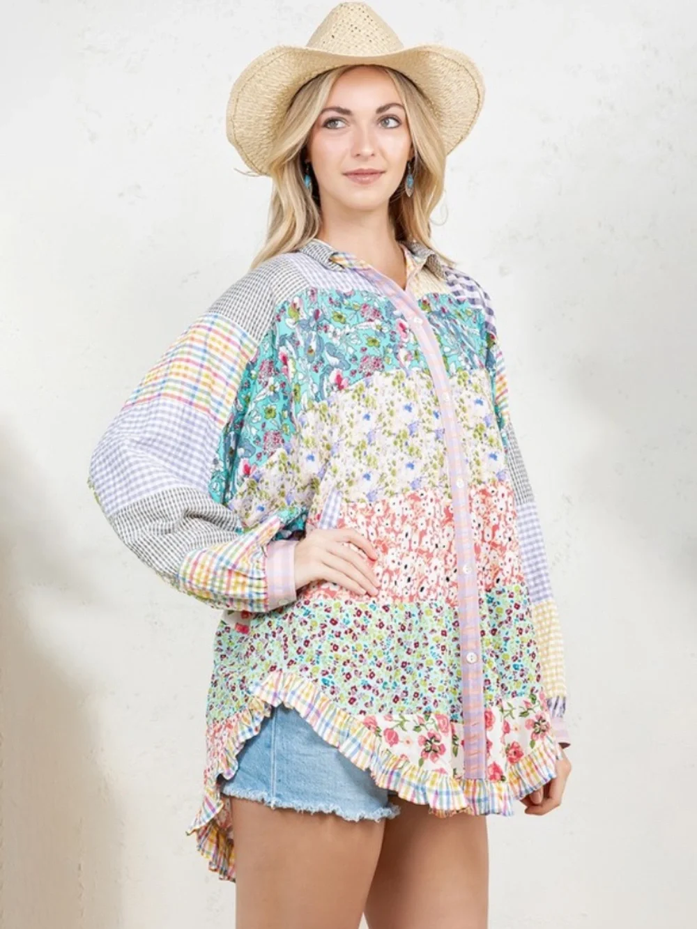 "The April" Oversized Spring Floral Ruffle Edge Top with Pockets - Picture 3 of 8